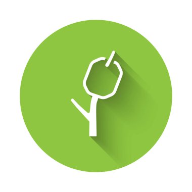 Çubuk simgesinde beyaz şekerlemeler uzun gölgeli arka planda izole. Yeşil daire düğmesi. Vektör.