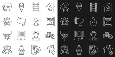 Yanan binalardaki alarm sistemini ateşe verip Megaphone Flasher Siren Çanı ve Alev ikonu 'ndan kaçın. Vektör.