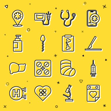 Doktor randevusu alın Şırınga Tıbbi cerrahi neşter Stethoscope Sperm Hand dezenfektan şişe konumu çapraz hastane ve röntgen ikonu. Vektör.