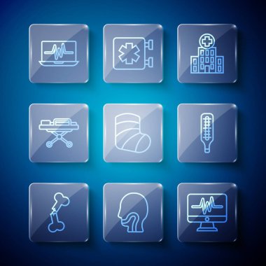 Kırık insan kemiği yaraları monitörünü kardiyogram tıp hastanesi alçı taşı sedyesi dizüstü bilgisayarı ve termometre ikonu ile ayarla. Vektör.