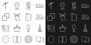 Tekstil kumaş rulo makas elektrikli demir dikiş makarası dikiş iğnesi iğnesi ve ikon. Vektör.