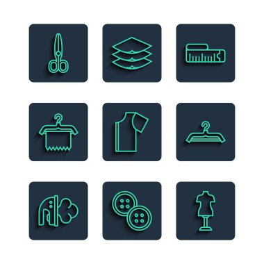 Elektrikli demir dikiş düğmesi manken ölçü kalıbı, askı dolabı makasları ve ikonu ayarla. Vektör.