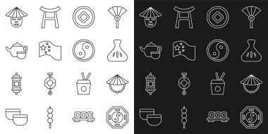 Hat Yin Yang Çin konik hasır şapkası Dumpling Yuan Çin para birimi çay seremonisi adamı ve ikonu. Vektör.