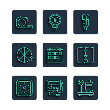 Hat Multimetre voltmetre ölçeğini bavulla ayarla. Tıbbi termometre takvim çizelgesi. Rulet inşaatı ve derinlik ölçüm simgesi. Vektör.