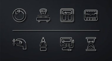 Çizgi Yarıçapı Ölçümleme aracı Multimetre voltmetre Ölçekleme Pusula Eski kum saati ölçekli ve Banyo ölçeklendirme simgesi simgesi ile ayarlayın. Vektör.