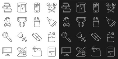 Sınav kağıdını yanlış cevaplarla yaz. Okul çantalı, zil çalan, akıllı telefon madalyalı masa lambası kitabı ve kalem kutusu kırtasiyesi simgesi. Vektör.