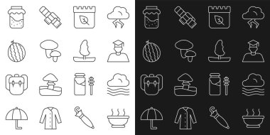 Sıcak çorba kasesi. Rüzgarlı hava mezuniyeti ve sonbahar yapraklı mezuniyet şapkası takvimi. Mantar karpuz kavanozu ve ağaç ikonu. Vektör.