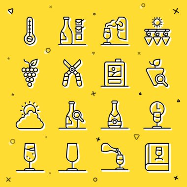 Şarap, şarap, şarap, şarap, bahçe, bahçe, üzüm, meteoroloji termometresi ve karton kutu ikonu hakkında bir satır hazırla. Vektör.