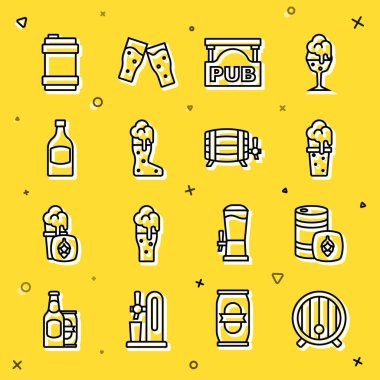 Ahşap fıçı metal bira fıçısı, barın cam bira şişesi ve ikonlu levhası. Vektör.