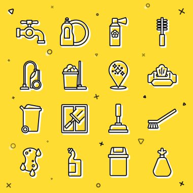 Çöp poşeti fırçasını, ıslak mendil paketini, sprey spreyi, paspası ve kova süpürgesini ve ev servisi ikonunu temizlemek için ayarla. Vektör.