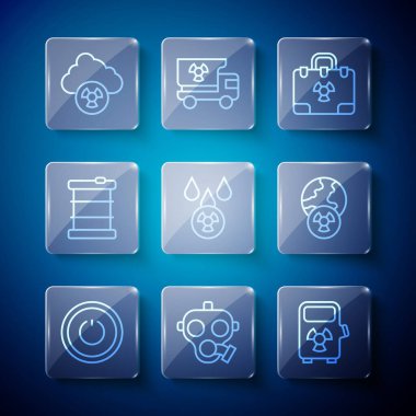 Hat düğmesi gaz maskesi elektrikli araba şarj istasyonu radyasyon nükleer çanta asit yağmuru radyoaktif bulut atık varili ve Dünya Radyasyon ikonu. Vektör.