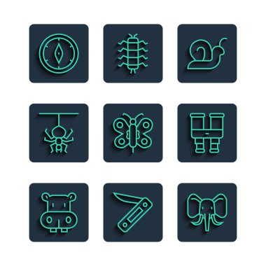 Hippo ya da Hippopotamus İsveç çakısı Fil Salyangoz Örümcek Pusula ve Dürbün simgesi. Vektör.