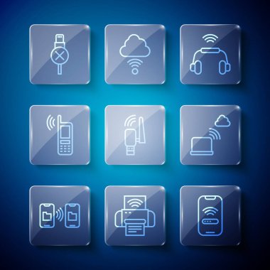 Hat veri transferini ve depolama Smart yazıcı sistemi Mobil kablosuz kulaklıklı Usb adaptörünü ayarla usb kablo kablosu ve ağ bulut bağlantı simgesi yok. Vektör.