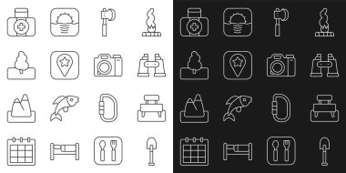 Kürek Benç Dürbünü, Ağaç Kampı 'nın ilk yardım çantası ve fotoğraf makinesi ikonu için tahta balta konumunu ayarla. Vektör.