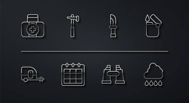 İlk yardım çantası karavan karavanı Hafif Dürbün Takvim Çekici Bulutu 'nu yağmur ve bıçak ikonu ile ayarla. Vektör.