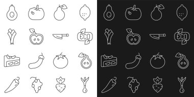Onion Pear Leaf Eco sembolü Apple Leek Avocado ve Knife ikonu. Vektör.