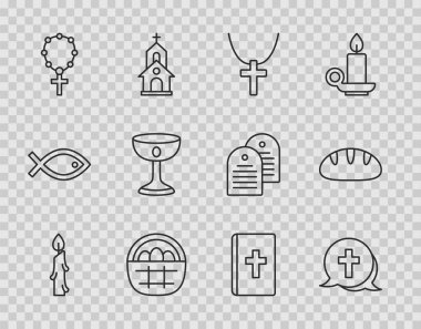 Hristiyan haçı, paskalya yumurtaları, tespih, din, kutsal İncil ve ekmek ikonu. Vektör.