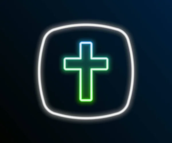 ネオンラインを輝くクリスチャンクロスアイコンは黒の背景に隔離されました 教会の十字架 カラフルなアウトラインコンセプト ベクトル — ストックベクタ