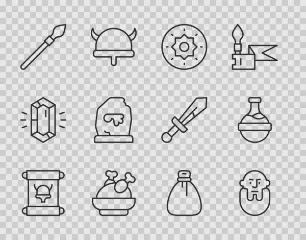 Hüküm KHK parşömen parşömeni, Viking baş kalkanı, kızarmış hindi ya da Ortaçağ mızraklı tavuk, eski para torbası ve iksir ikonlu şişe. Vektör.