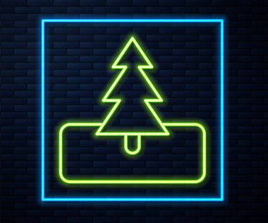 Parlayan neon hattı ağaç simgesi tuğla duvar arkasında izole edilmiş. Orman sembolü. Vektör.