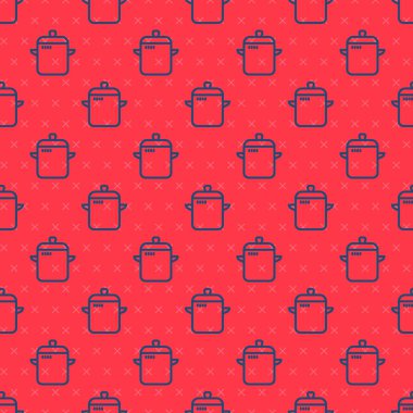 Mavi çizgili tencere ikonu kırmızı arka planda izole edilmiş. Haşlama ya da güveç besin sembolü. Vektör.