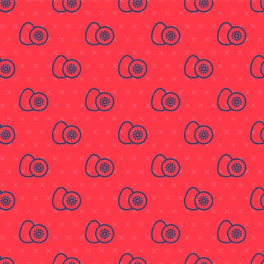 Mavi çizgi Kiwi meyve ikonu kırmızı arka planda izole edilmiş pürüzsüz desen. Vektör.