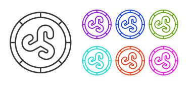 Beyaz arka planda siyah çizgi kalkan Viking ikonu izole edildi. Yuvarlak ahşap kalkan. Güvenlik, güvenlik, koruma, mahremiyet, koruma kavramı. Simgeleri renklendirin. Vektör.