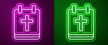 Pembe ve yeşil arkaplanda izole edilmiş Paskalya ikonu ile parlayan neon çizgisi takvimi. İlkbahar Hristiyan bayramı sembolü. Vektör.