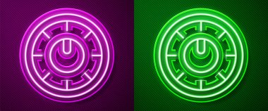 Parlayan neon hattı Ses Karıştırıcı simgesi mor ve yeşil arkaplanda izole edildi. DJ ekipman kaydırma düğmeleri. Konsol karıştırılıyor. Vektör.