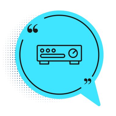 Siyah çizgi Ses Karıştırıcı simgesi beyaz arkaplanda izole edildi. DJ ekipman kaydırma düğmeleri. Konsol karıştırılıyor. Mavi konuşma balonu sembolü. Vektör.