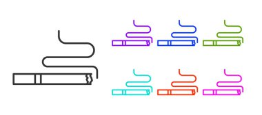 Siyah çizgi sigara simgesi beyaz arkaplanda izole edildi. Tütün tabelası. Sigara içme sembolü. Simgeleri renklendirin. Vektör.