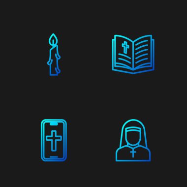 Rahibe Hristiyan haçı telefon, mum yakma ve kutsal İncil kitabıyla ayarlandı. Renk simgeleri. Vektör.