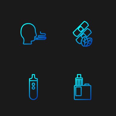 Vape mod cihazı Elektronik Sigara İçen Adam ve Tıbbi nikotin bantları ayarla. Renk simgeleri. Vektör.