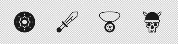 Set Shield Viking Medieval Sword Necklace Gem Skull Helmet Icon — Stock Vector