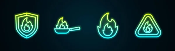Set Line Brandschutzschild Pfanne Mit Flamme Und Dreieck Leuchtende Leuchtschrift — Stockvektor