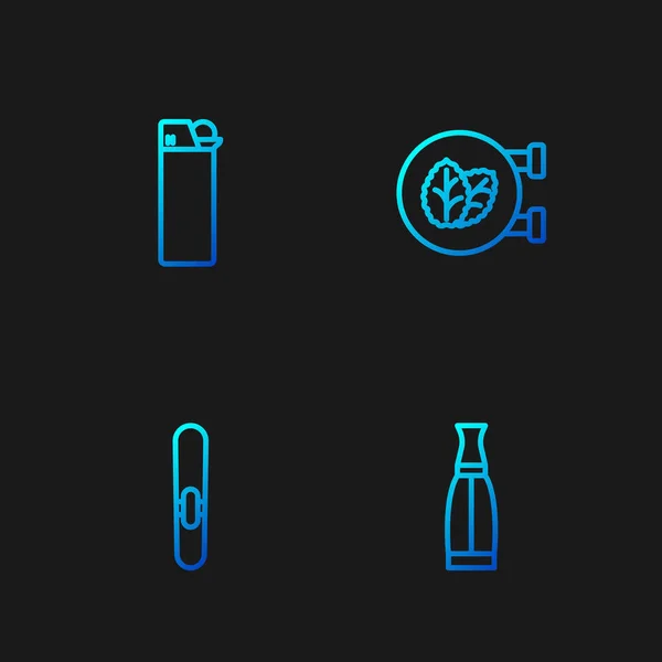 ラインを設定するVape液ボトルシガーライターとタバコの葉の店 グラデーションのアイコン ベクトル — ストックベクタ
