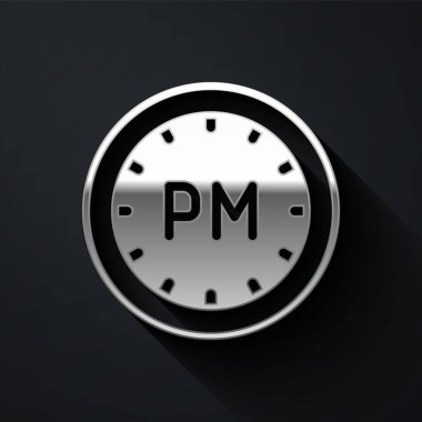 Gümüş Gün zaman simgesi siyah arkaplanda izole edildi. Zaman sembolü. Uzun gölge tarzı. Vektör.