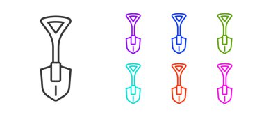 Siyah çizgi kürek simgesi beyaz arkaplanda izole edildi. Bahçe aletleri. Bahçecilik, tarım, çiftçilik aleti. Simgeleri renklendirin. Vektör.