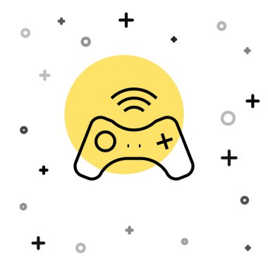 Beyaz arkaplanda siyah çizgi kablosuz oyun alanı simgesi izole edildi. Oyun kontrolörü. Rastgele dinamik şekiller. Vektör.