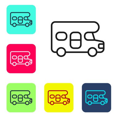 Siyah çizgi karavan araç simgesi beyaz arka planda izole edildi. Karavan evi, yaz gezisi için mobil ev. Renkli kare düğmelerle simgeleri ayarla. Vektör.