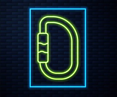 Parlayan neon hattı karabina simgesi tuğla duvar arka planında izole edildi. Olağanüstü bir spor. Spor malzemeleri. Vektör.