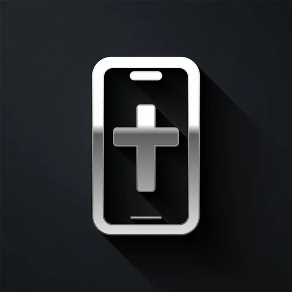 Silver Christian Cross Mobile Phone Icon Isolated Black Background Church — Stock Vector