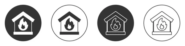 Black Fire Burning House Icon Isolated White Background Circle Button — Stock Vector