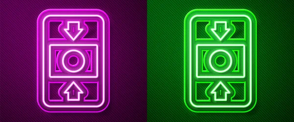 Светящаяся Неоновая Линия Значок Системы Пожарной Сигнализации Выделен Фиолетовом Зеленом — стоковый вектор