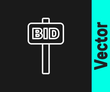 Beyaz çizgili Hand müzayede raketi simgesi siyah arka planda izole edildi. Teklif konsepti. Açık arttırma yarışması. BID yazıtları olan el kaldırma işaretleri. Vektör.