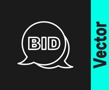 Beyaz çizgi teklif simgesi siyah arkaplanda izole edildi. Açık arttırma teklifi. Satış ve alıcılar. Vektör.