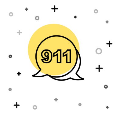 Beyaz arka planda 911 'i arayan siyah hat telefonu izole edildi. Polis, ambulans, itfaiye, çağrı, telefon. Rastgele dinamik şekiller. Vektör.