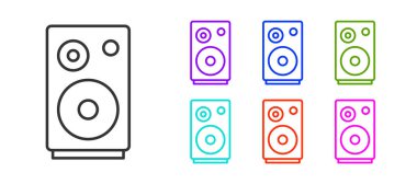 Siyah çizgi Stereo hoparlör simgesi beyaz arkaplanda izole edildi. Ses sistemi hoparlörleri. Müzik ikonu. Müzikal sütun hoparlörü. Simgeleri renklendirin. Vektör.