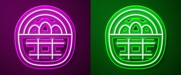 Paskalya yumurtası simgesi mor ve yeşil arka planda izole edilmiş parlak neon renkli sepet. Mutlu Paskalyalar. Vektör.