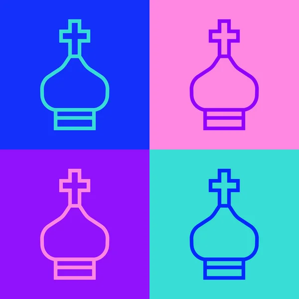 Pop art line Christian church tower icon isolated on color background. Religion of church. Vector.